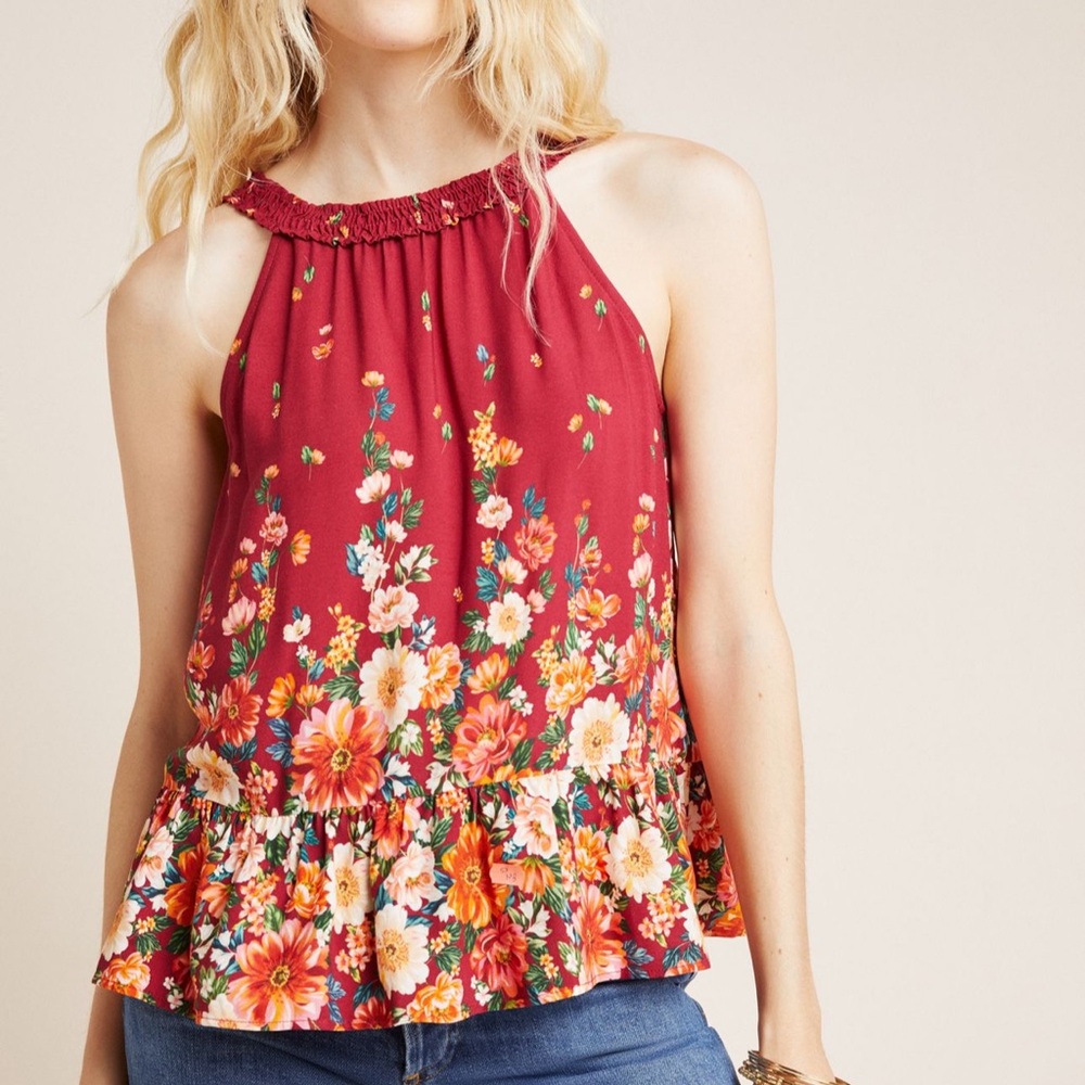 Farm Rio Anthropologie Wine Floral Claudette Halter Blouse Size XS